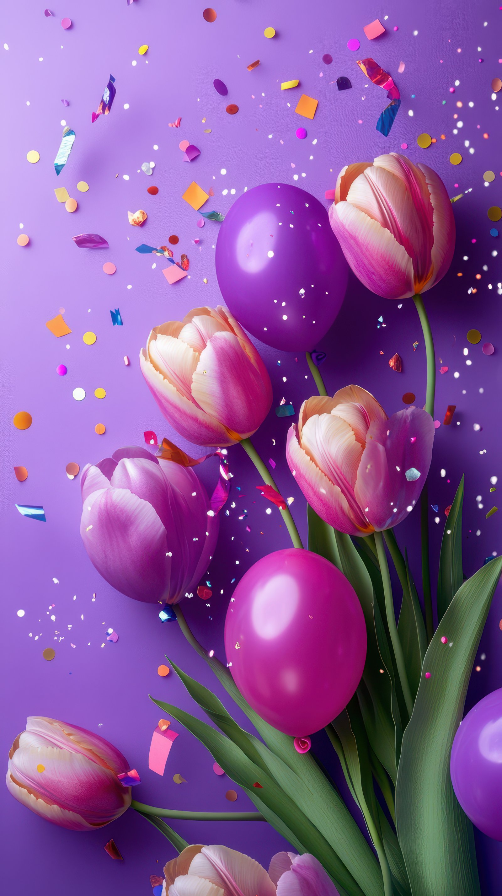 Bright tulips and purple balloons create a festive atmosphere with colorful confetti scattered on a purple background